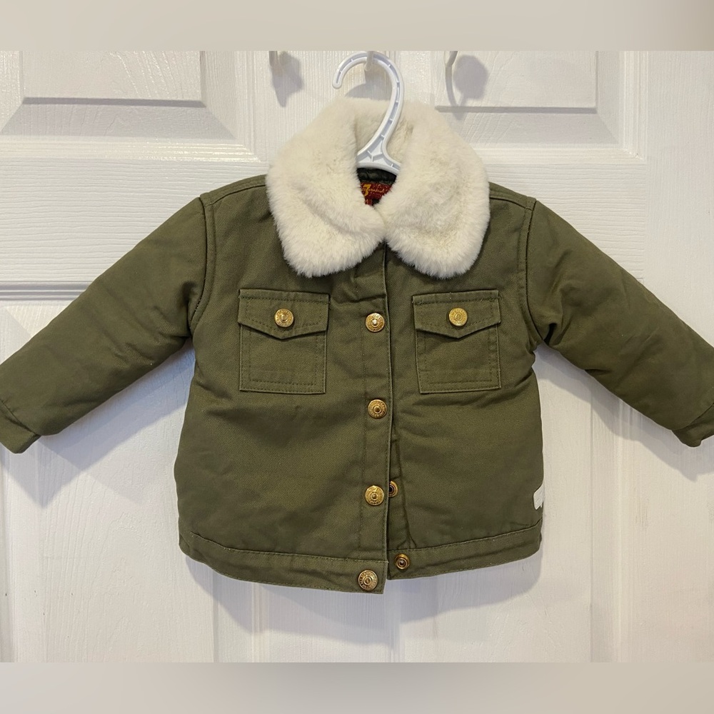 7 For All Mankind Baby 12 Month Jacket Army Khaki and Faux Fur Collar Like New